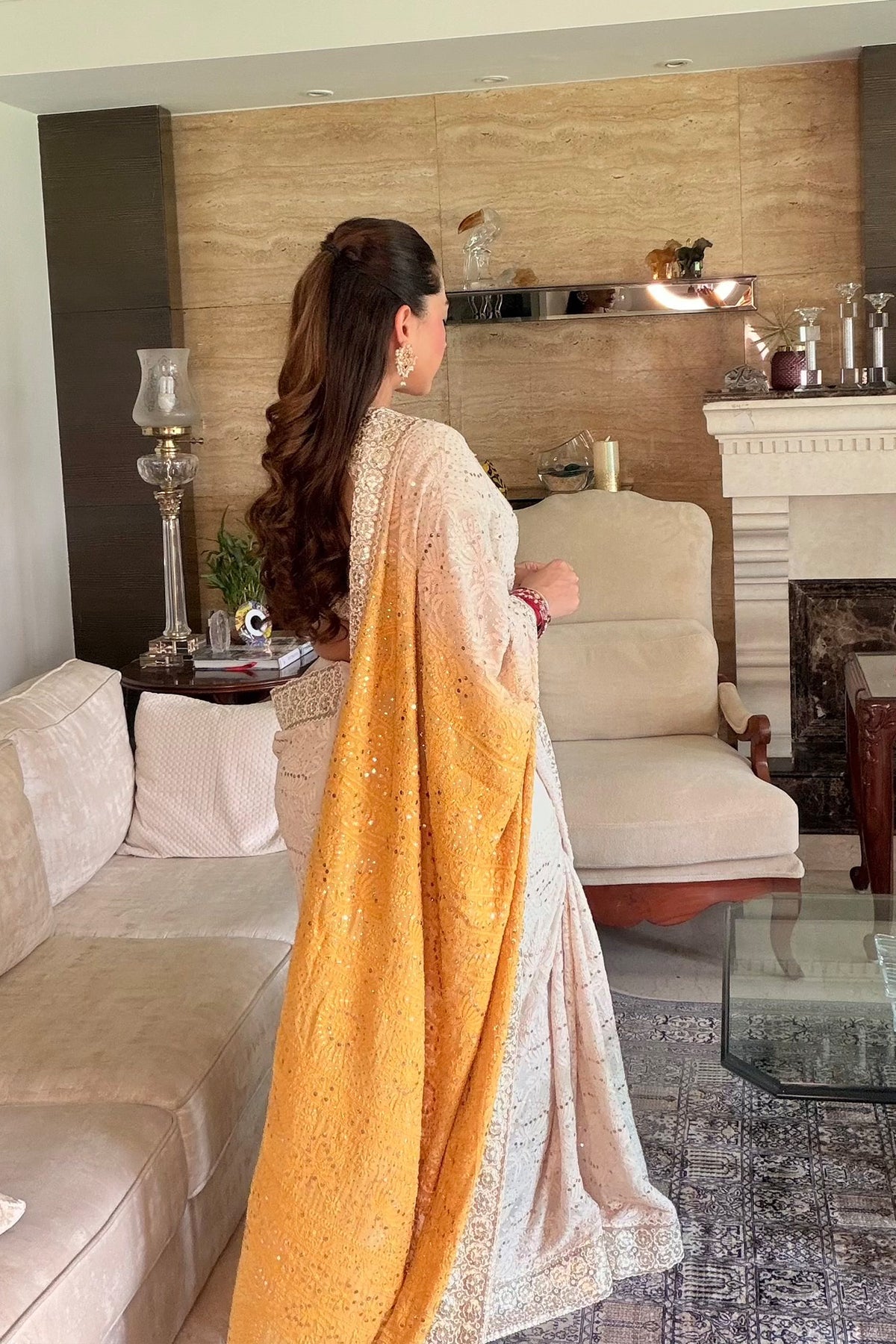 CHANDNI GIRDHAR IN Ivory Chikankari Saree with Mustard Pallu
