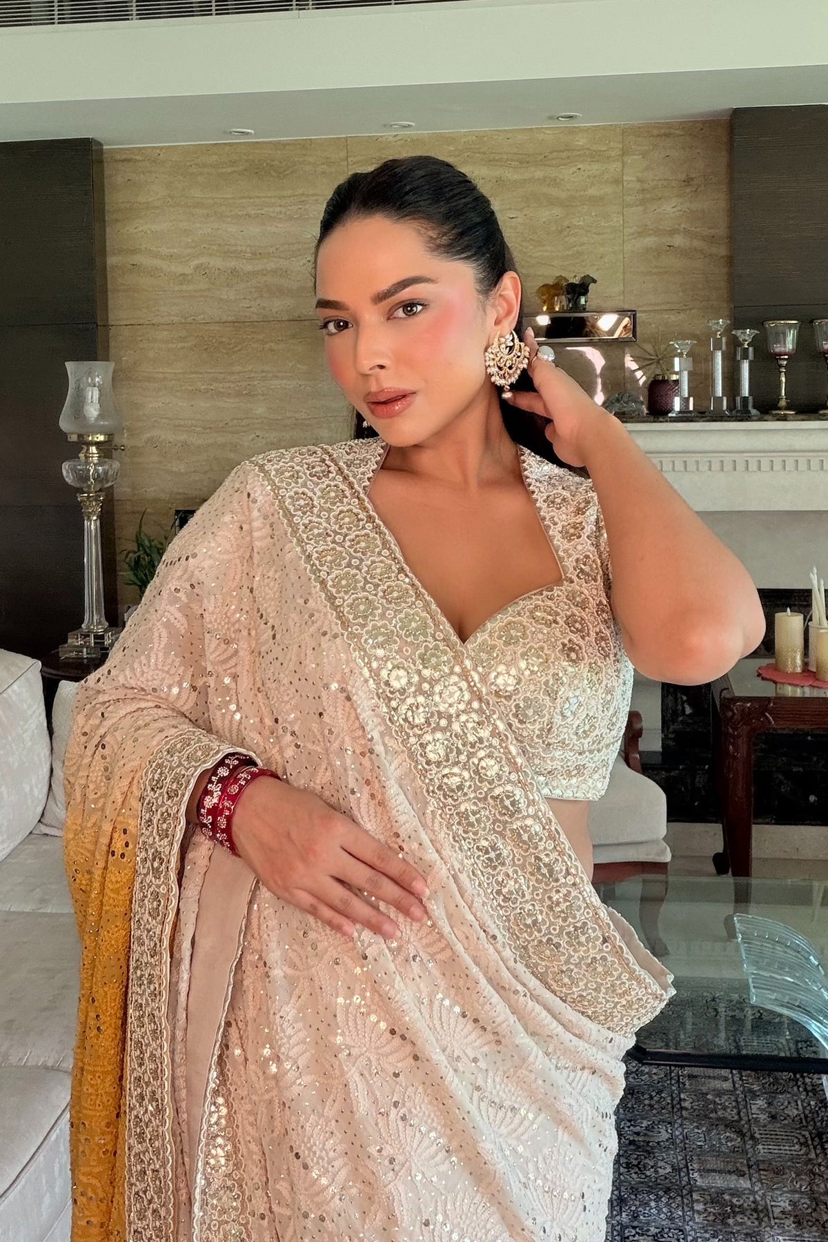 CHANDNI GIRDHAR IN Ivory Chikankari Saree with Mustard Pallu