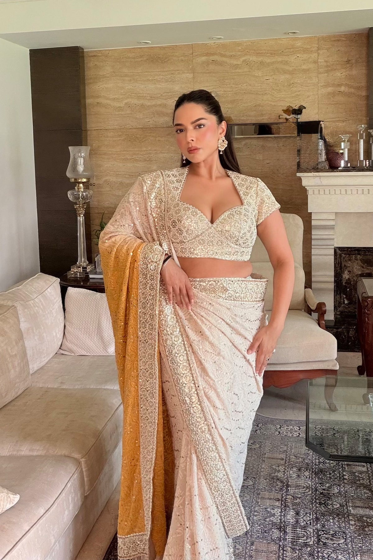 CHANDNI GIRDHAR IN Ivory Chikankari Saree with Mustard Pallu