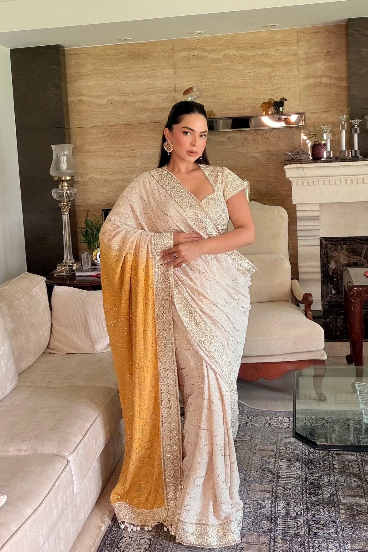 CHANDNI GIRDHAR IN Ivory Chikankari Saree with Mustard Pallu