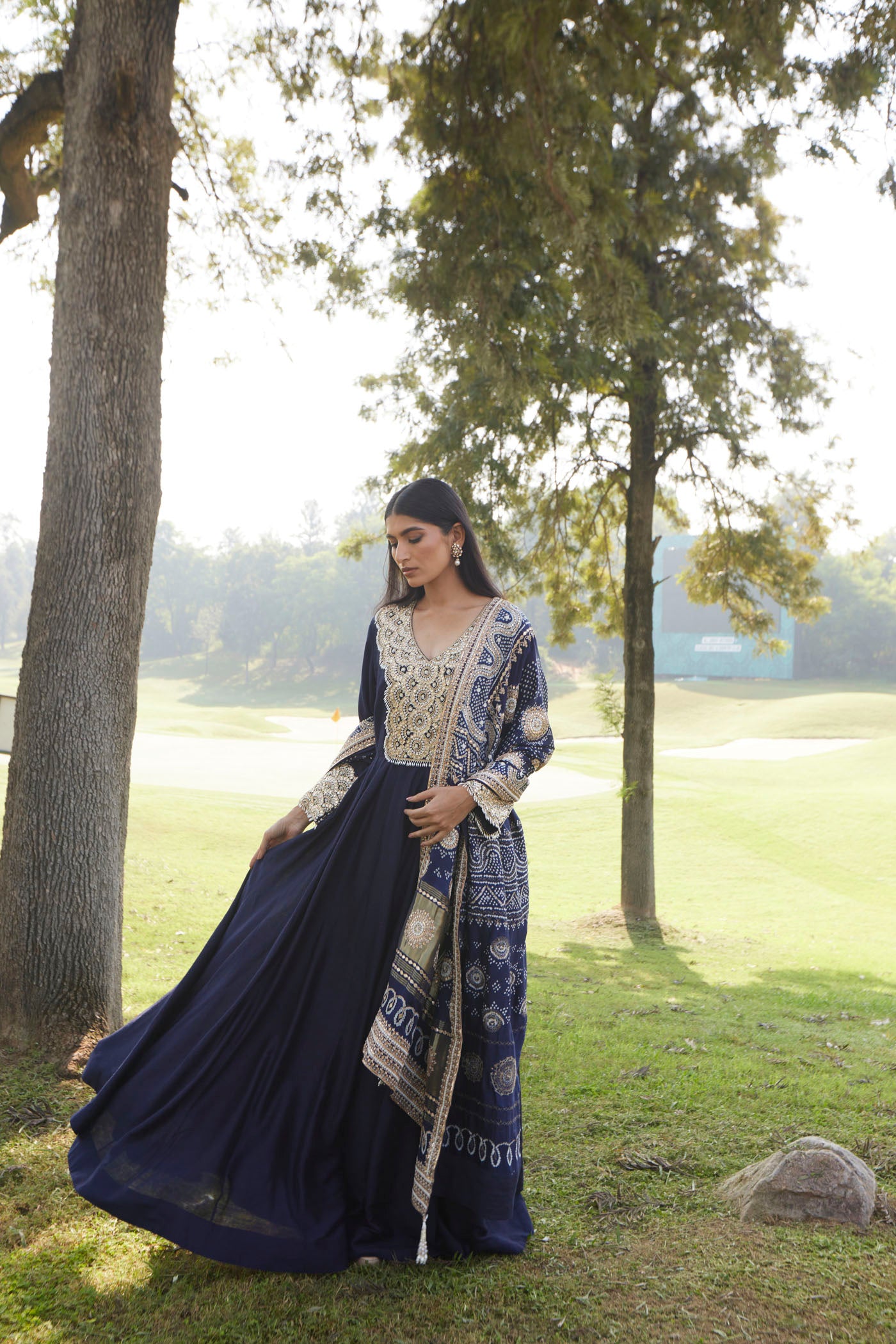 Midnight Blue Moonga Silk Cutdana Work Anarakli Set