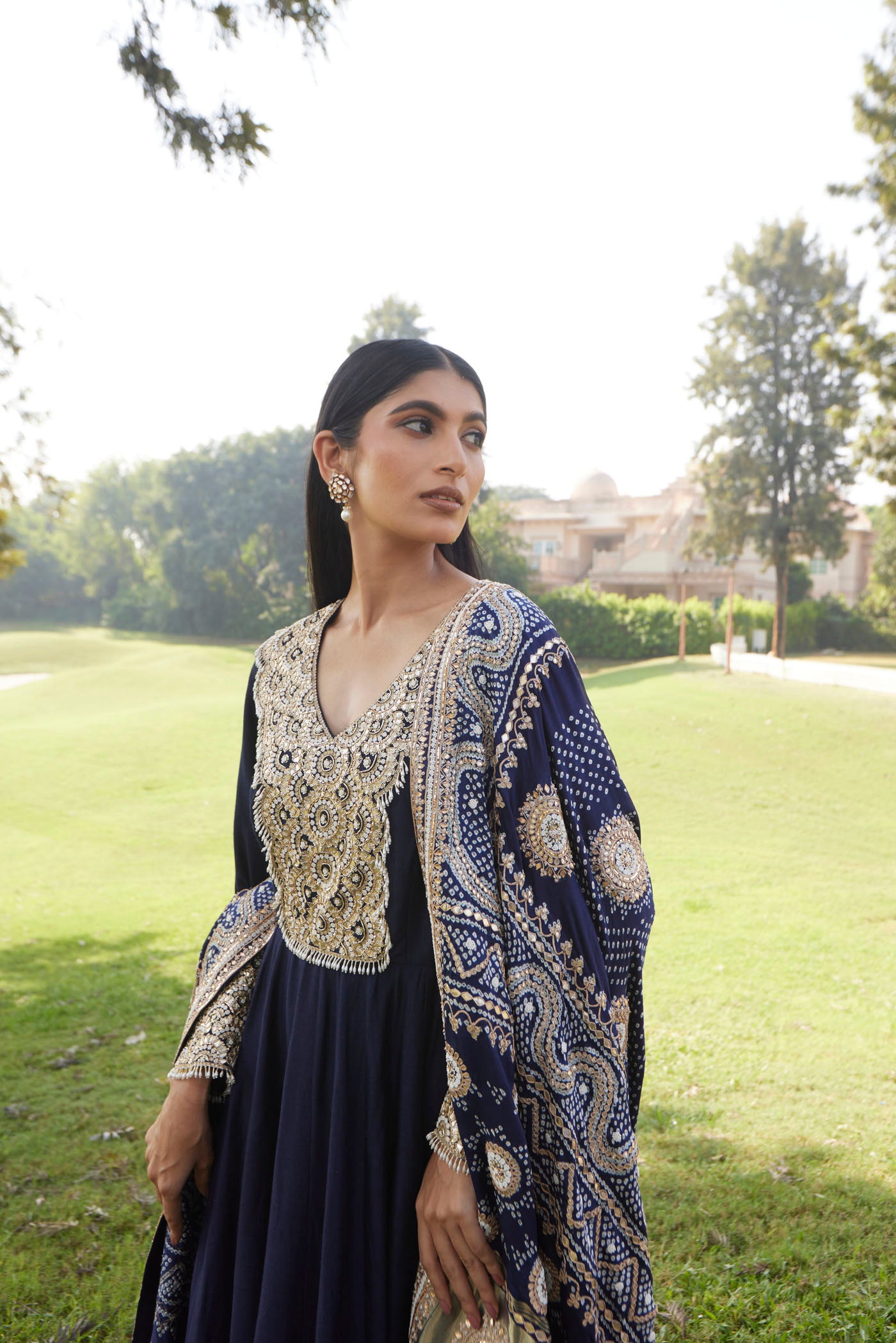 Midnight Blue Moonga Silk Cutdana Work Anarakli Set