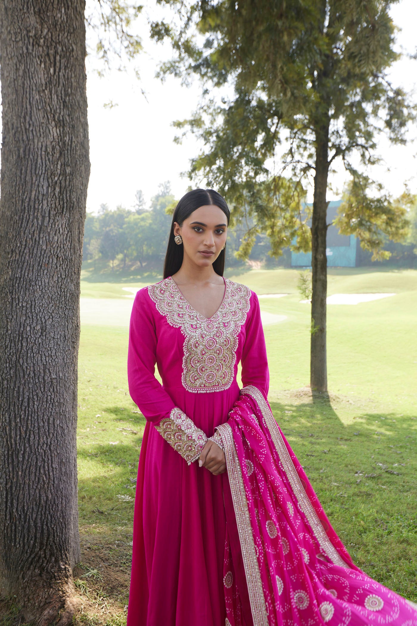 Rani Pink Moonga Silk Anarkali Set